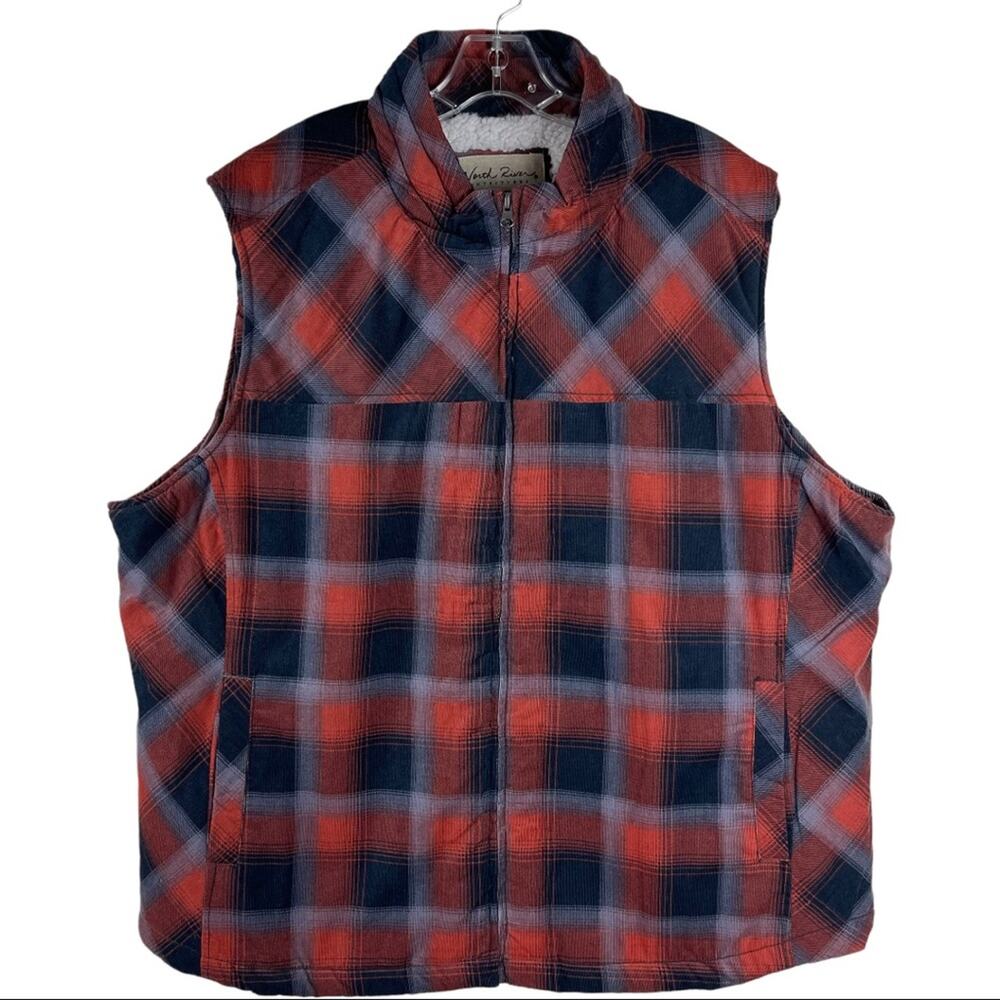 NEW North River orange blue plaid corduroy Sherpa outdoor vest 3X